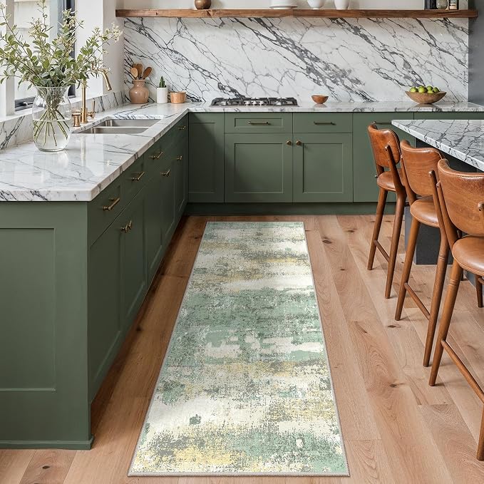 GENIMO Runner Rug Non Slip 2'6"x8', Washable Rug Runner for Hallways Kitchen, Abstract Modern Kitchen Rugs, Low Pile Lightweight Carpet Runners for Entryway, Bedroom, Laundry, Light Green