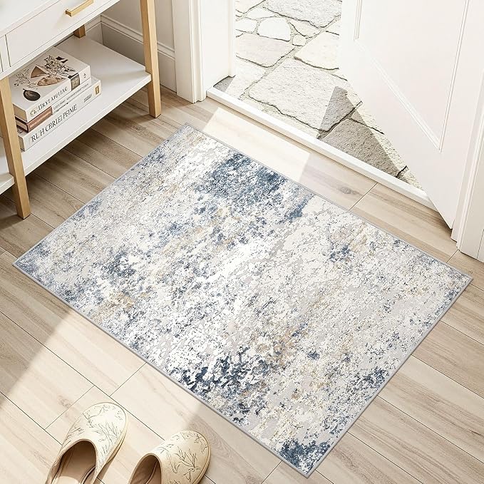 DMOYEST 2x3 Entryway Area Rug: Washable Neutral Modern Abstract Small Rug - Non-Slip Low Pile Throw Indoor Carpet for Entrance Kitchen Front Door Mat Bathroom Entry Kids Room - Beige Blue