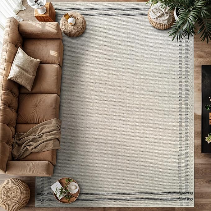 Luul Home Easy Jute Rugs 10x14 Bordered Bone Color Living Room Indoor Outdoor Area Rug for Patio and Kitchen Rug High Traffic Washable Easy to Clean Solid Boho Woven Design Outside Carpet (10 x 14)