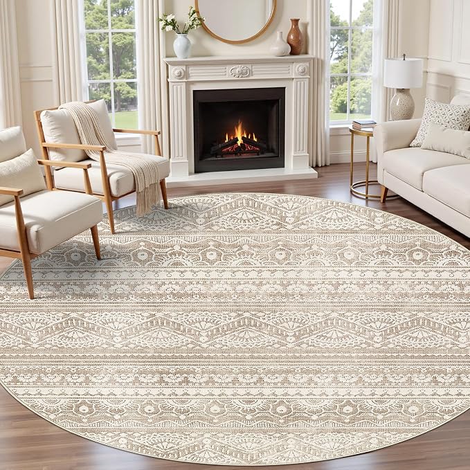 Tortania 5' Round Area Rug Living Room Rugs - Washable Large Soft Neutral Boho Moroccan Bohemian Farmhouse Rug Indoor Floor Carpet for Bedroom Under Dining Table Home Office Decor - Light Brown