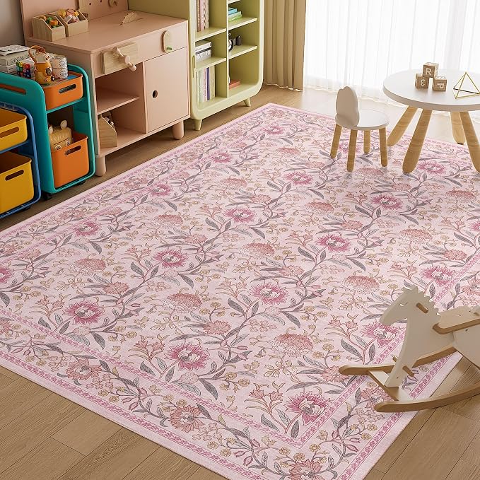 DUKINO 9x12 Area Rug for Living Room, Vintage Floral Washable Rug, Pink | Non Slip, Low Pile, Non-Shedding, Stain Resistant, Aesthetic Soft Indoor Large Carpet for Bedroom Dining Room Farmhouse