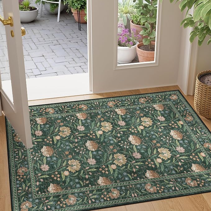 DUKINO 2x3 Rug, Washable Vintage Floral Bathroom Rugs Non Slip, Green | Low Pile, Stain Resistant Boho Soft Indoor Door Mat, Small Front Door Carpet for Entryway Kitchen Laundry Bedroom Farmhouse