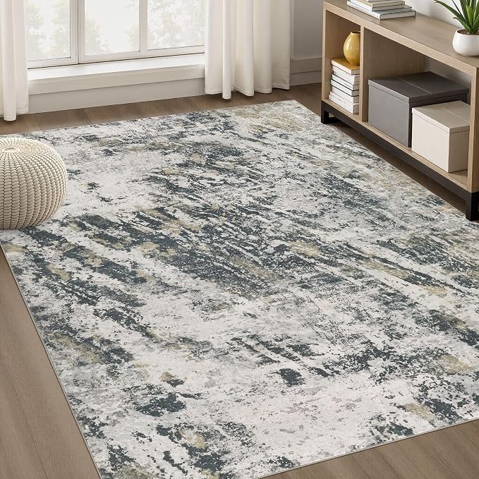 DMOYEST Area Rug Living Room Rugs - 5x7 Large Soft Indoor Neutral Modern Abstract Low Pile Washable Rug Carpet for Bedroom Dining Room Farmhouse Home Office-Black Gold/Grey