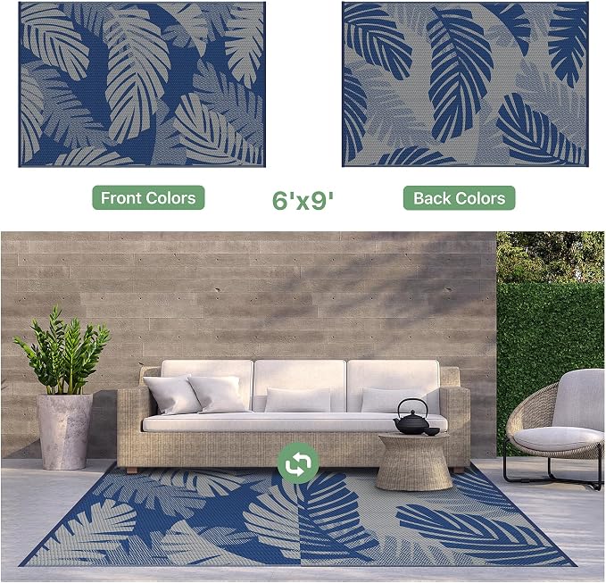 GENIMO Outdoor Rug, Waterproof Plastic Rugs for Patio, 6'x9' Blue Grey | Outside Larger Leaf Carpet Mat for Porch Decor, Deck, Balcony, Camping, RV, Backyard, Picnic, Beach, Reversible, Foldable