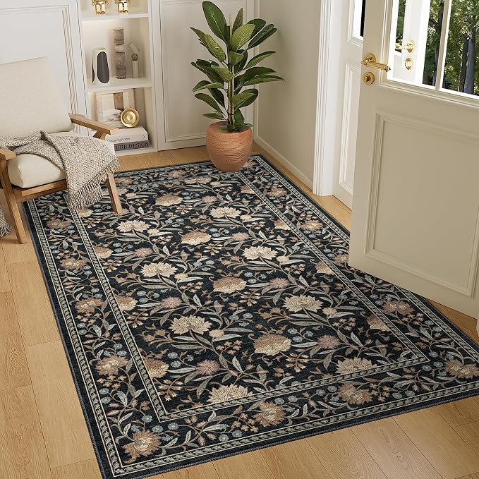 DUKINO 4x6 Area Rug, Washable Vintage Floral Rug for Living Room, Black | Non Slip, Low Pile, Stain Resistant Boho Lightweight Soft Indoor Carpet for Bedroom Office Dining Room Entryway Farmhouse