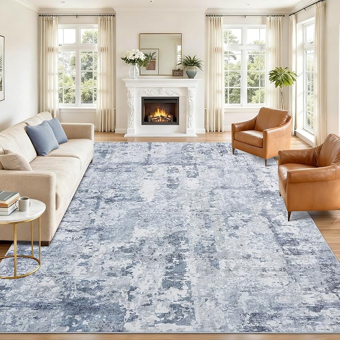 GarveeHome 8x10 Abstract Area Rugs Blue Washable Living Room Bedroom Rug | Soft Low Pile Non Slip Accent Rug for Living Room, Bedroom, Dining Room, Modern Indoor Carpet