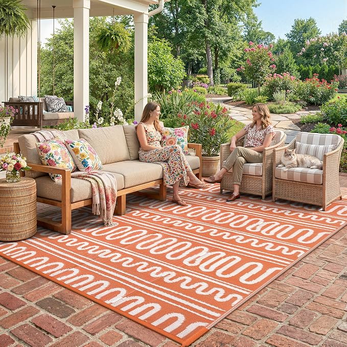 Beeiva Boho Outdoor Rug 8x10 Waterproof for Patio, Reversible Plastic Straw Rug for RV Camping, Deck, Balcony, Backyard, Orange