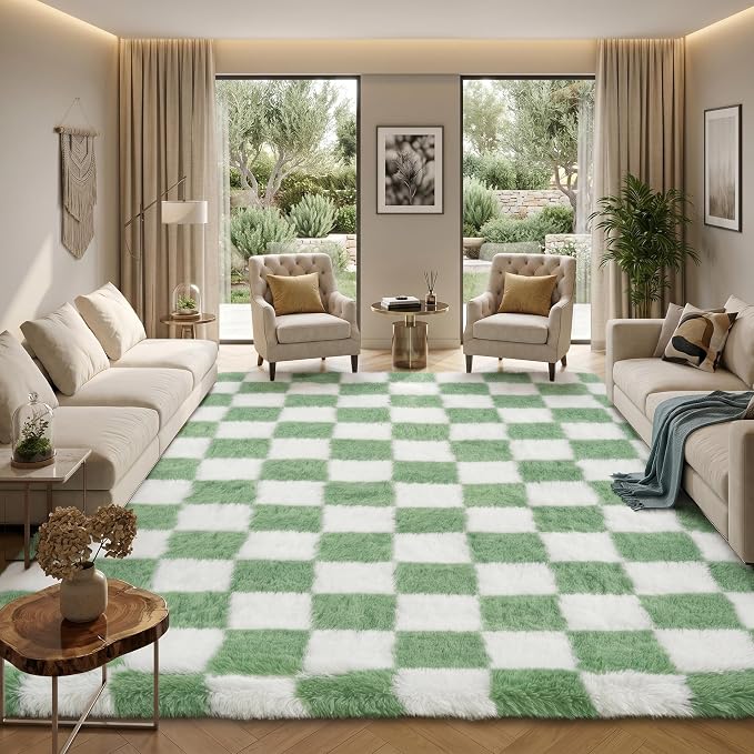 Garvee Checkered Area Rug 10x13 Large Rug Thick Super Soft Shaggy Rugs Fluffy Carpet Fluffy Fuzzy Shag Washable Rugs for Living Room Nursery Bedroom Luxury Playroom Teen Plush Carpets,Green White
