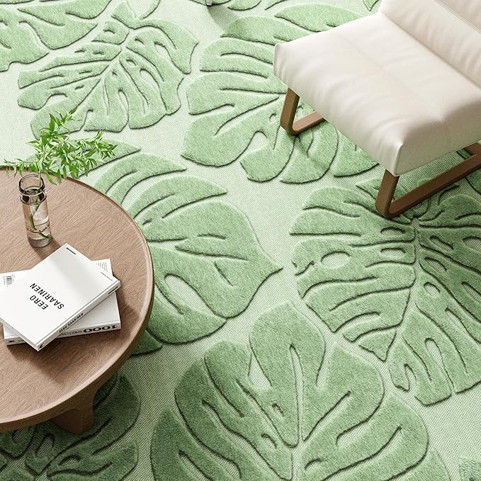 Sage Green Monstera Area Rug 6x9, High-Low Plush Pile Washable Rugs for Living Room Bedroom, Tropical Non Slip Nursery Carpet Soft Indoor Shag Rugs for Dining Room