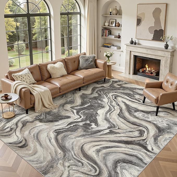 DMOYEST 8x10 Area Rug for Living Room:Washable Modern Neutral Abstract Rug with Low Pile Non Slip Soft Thin Large Indoor Carpet for Bedroom Dining Room Home Office Decor-Ash Grey