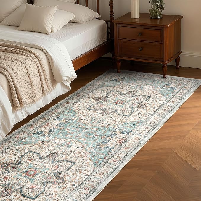 Tortania Area Rug 3x10 Runner Rugs - Washable Vintage Oriental Farmhouse Thin Indoor Carpet for Living Room Bedroom Hallway Entryway Kitchen Under Dining Table Home Office - Aqua Multi