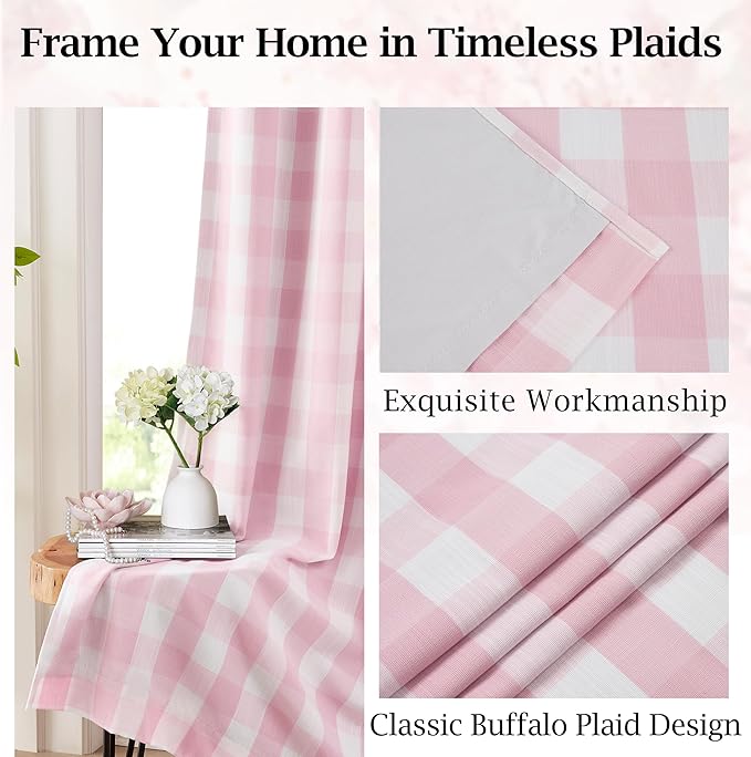 63 Inches Length Pink White Buffalo Plaid Curtains | Full Blackout Thermal Insulated Panels,Farmhouse Window Treatment for Bedroom Nursery Room,Rod Pocket Back Tabs,Pack of 2