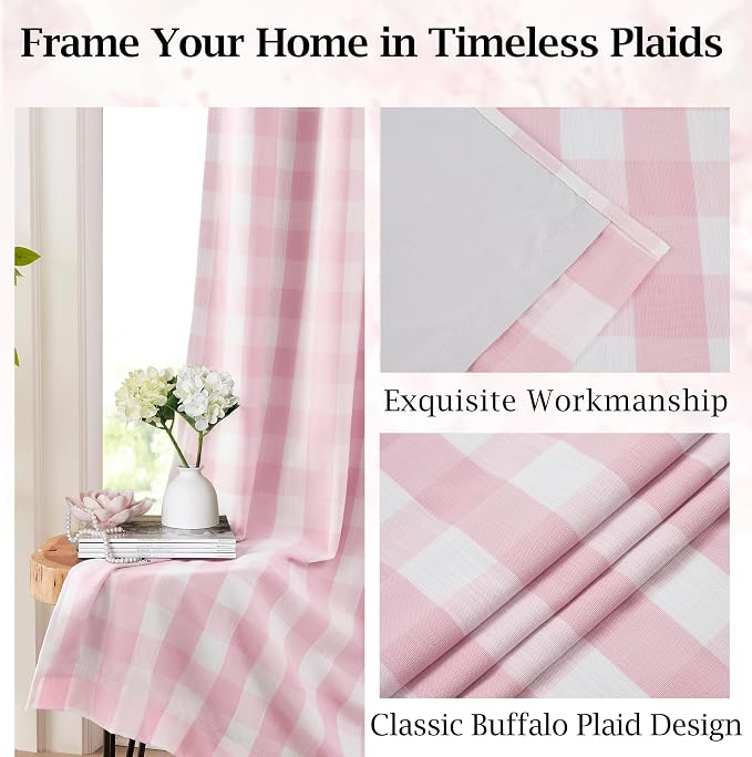 95 Inches Length Pink White Buffalo Plaid Curtains | Full Blackout Double-Layer Gingham Drapes,Farmhouse Girls Room Bedroom Window Treatment,Rod Pocket Back Tabs,Pack of 2