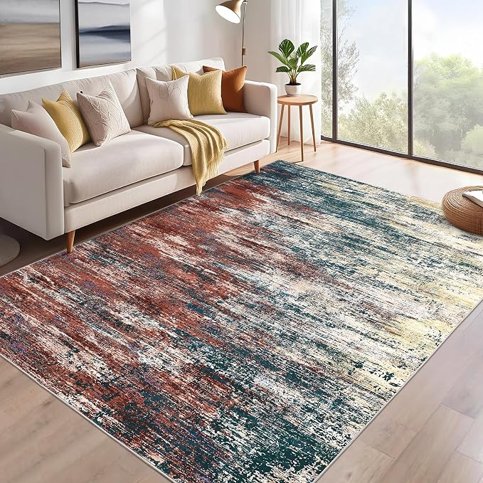 ROYHOME Washable Rug 5x7 Abstract Area Rug for Living Room, Non Slip Foldable Soft Rugs for Bedroom, Stain Resistant Rugs Modern Fuzzy Rug, Indoor Floor Carpet for Entryway Home, Red Multi