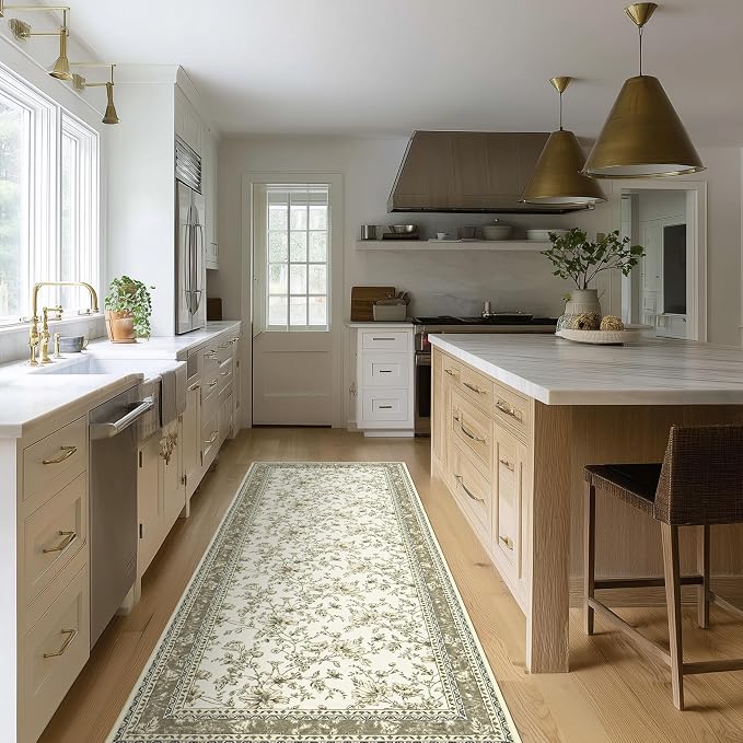 Greyish Beige Runner Rugs 2x6 for Hallway Kitchen Bedroom Beside Laundry Room Bathroom Rug Boho Modern Washable Non Slip Low Pile Stain ResisTaupet Soft Long Carpet Mat Khaki Taupe Floral Pattern