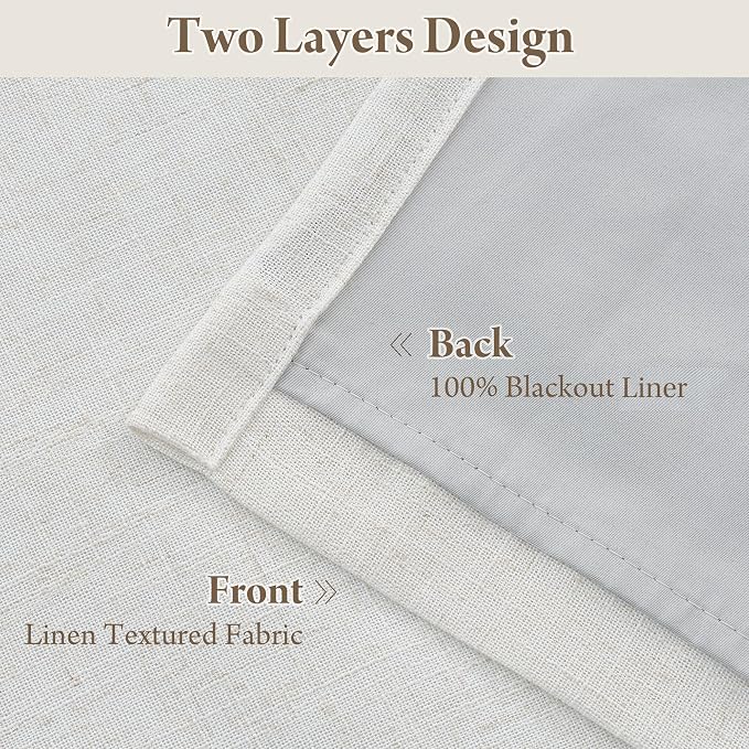 RYB HOME 100% Blackout Pinch Pleated Linen Curtains for Bedroom Living Room, Linen Textured Fabric with Liner Thermal Insulated for Sliding Glass Door, Cream White, 40" W x L102 L, 2 Panels Set