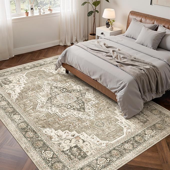 Roxstand 6x9 Washable Area Rug, Non Slip Living Room Rug Brown/Beige | Low Pile Vintage Rug, Stain Resistant, Non-Shedding Design, Pet & Kid Friendly, Carpet for Bedroom, Dining Room Office