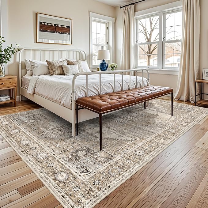 RUUGME Washable 7x9 Area Rug - Vintage Area Rugs with Non Slip Backing Stain Resistant Carpet for Bedroom Dining Room Indoor Soft Carpets Home Decor Decoration Mat 7x9 Beige