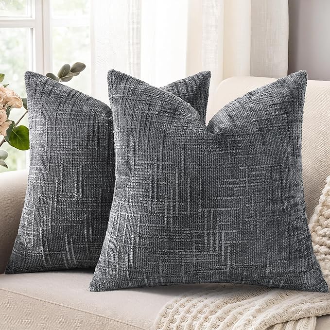 decorUhome Textured Chenille Throw Pillow Covers 22x22 Set of 2 Dark Grey | Fall Modern Farmhouse Soft Cozy Slubby Couch Pillow Cases Boho Decorative Pillow Cases for Bed Sofa Living Room Home Decor