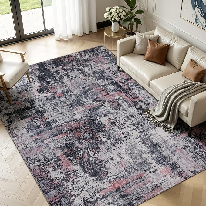Sasttie 8x10 Soft Area Rug for Living Room, Modern Abstract Washable Large Carpet for Bedroom, with Non-Slip Backing, Black and Pink