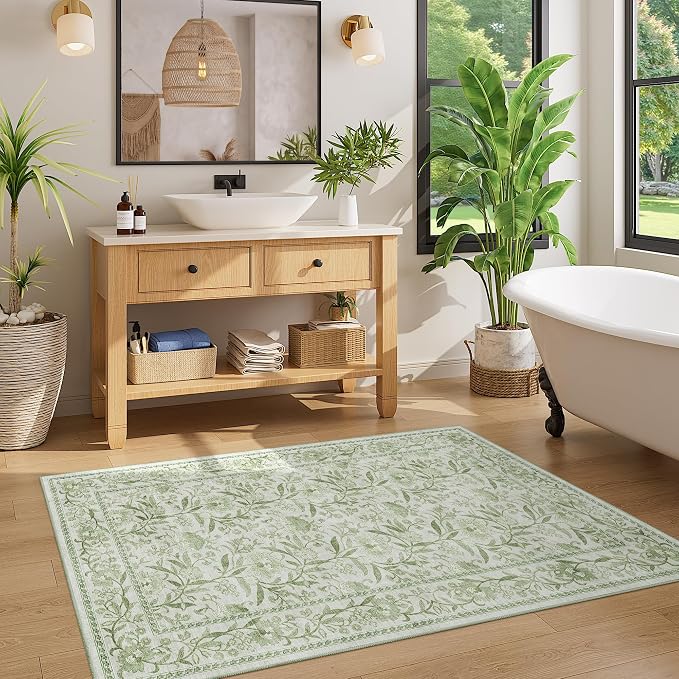 DUKINO 3x5 Rug Washable Vintage Floral Bedroom Area Rug Non Slip Sage Green | Low Pile, Non-Shedding, Stain Resistant Boho Lightweight Soft Indoor Carpet for Bathroom Office Dining Living Room Farmhouse