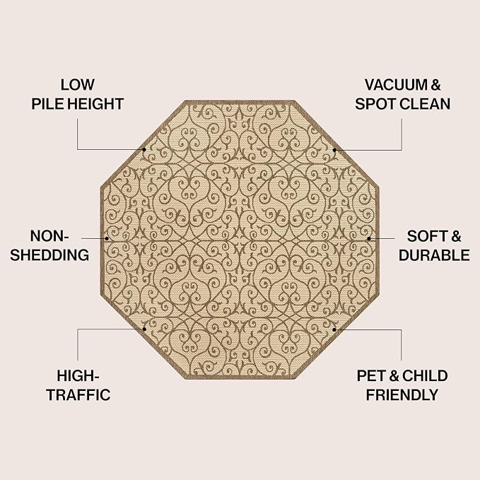 JONATHAN Y Vintage Filigree Indoor Outdoor Octagon Area Rug 8 Ft Beige/Brown, Madrid Textured Weave for Backyard, Patio, Porch, Easy-Cleaning, High Traffic, Pet-Friendly, Non-Shedding (SMB107B-8TGN)