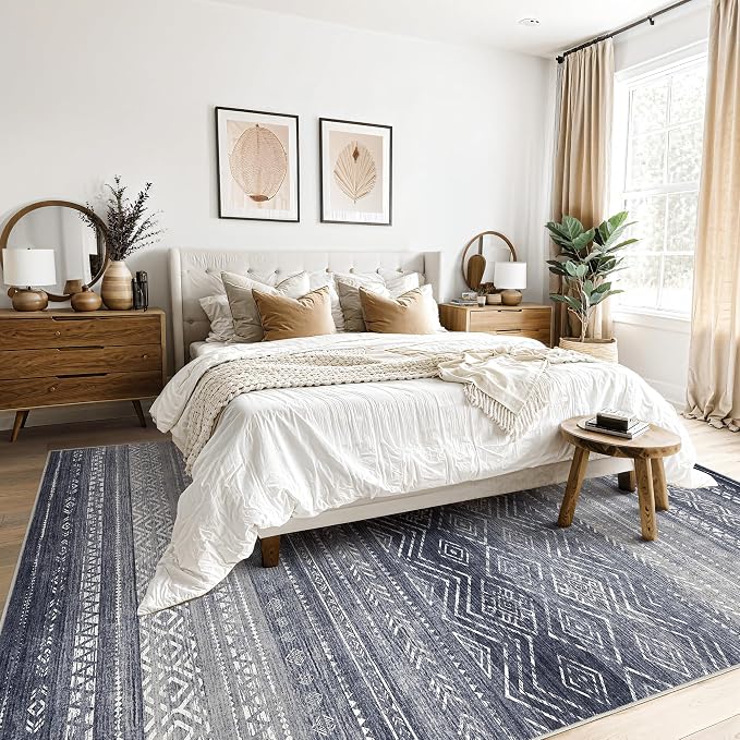 Tortania Area Rug Living Room Rugs- 7x9 Washable Large Soft Neutral Boho Moroccan Bohemian Farmhouse Rug Indoor Floor Carpet for Bedroom Under Dining Table Home Office Decor - Blue Gray