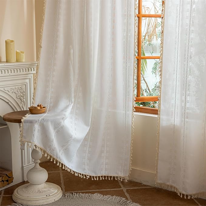 Ivory White Boho Curtains 84 Inch Length 2 Panels Set for Living Room Bedroom,Farmhouse Bohemian Tassels Semi Sheer Light Filtering Window Curtains Shabby Chic Embroidery Draps Back Tab, 50" W
