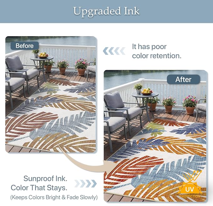 GENIMO 5x8 Outdoor Rug, Washable for Patio and Deck, Leaf Tropical Rust | Botanical leaf design for porch; fade resistant chenille with quick-dry non-slip backing for indoor sunroom.