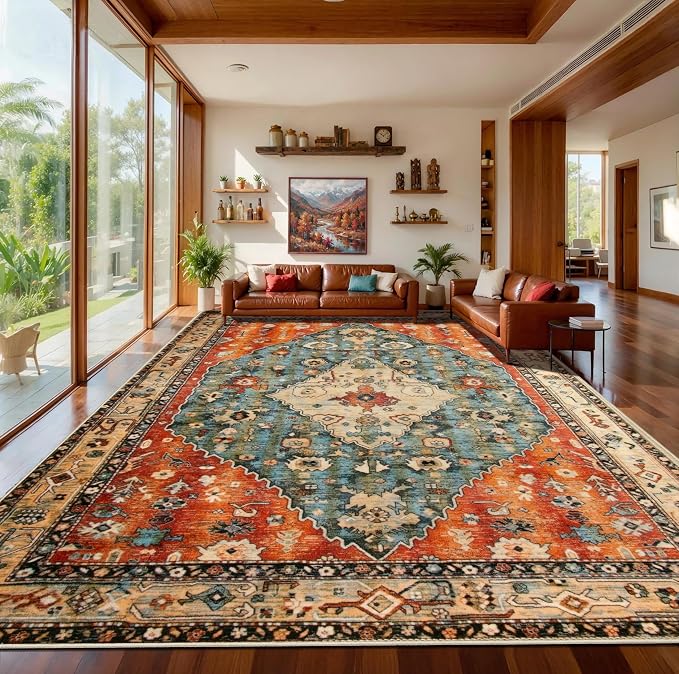 SERISSA 10x14 Area Rugs for Living Room, Large Washable Non-Slip Boho Rug, Ultra Soft Oriental Print Distressed Farmhouse Carpet for Dining Room Bedroom Dorm Office Home Decor
