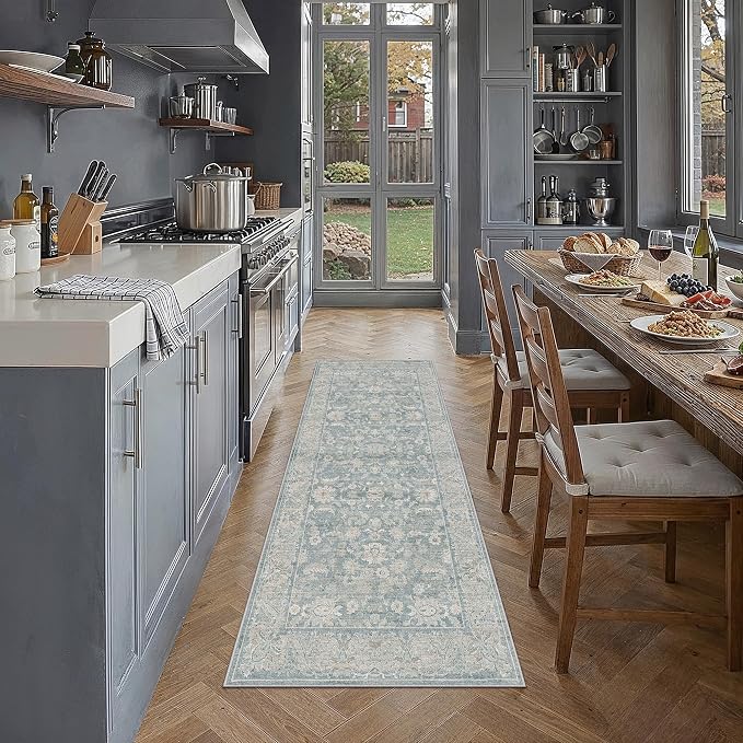 2x6 Blue Washable Runner Rug Non Slip Retro Distressed Carpet | Soft Low Pile, Lightweight Foldable, Pet Friendly, Hallway, Kitchen, Bathroom, Front Door, Beside Bed
