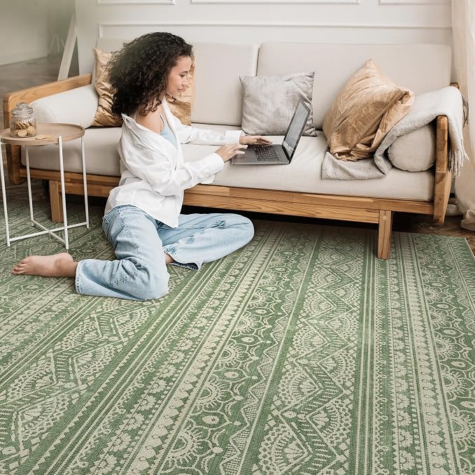 Tortania Area Rug Living Room Rugs - 8x10 Washable Large Soft Neutral Boho Moroccan Bohemian Farmhouse Rug Indoor Floor Carpet for Bedroom Under Dining Table Home Office Decor - Green