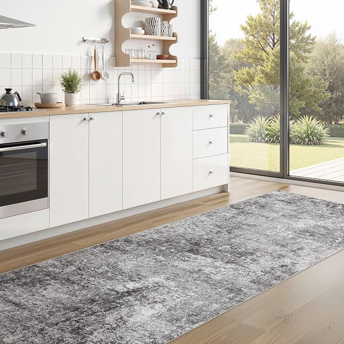 DMOYEST Washable Runner Rug for Hallway: 3x12 Neutral Modern Abstract Low Pile Area Rug with Non-Slip Backing - Carpet for Bedroom Kitchen Laundry Entryway Bathroom Indoor - Grey