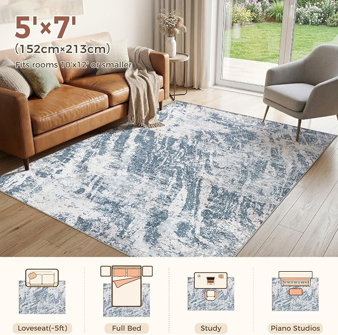 DMOYEST 5x7 Washable Area Rug: Abstract Modern Non-Slip Carpet, Soft Low Pile Indoor Neutral Easy Clean Floor Rugs for Living Room Bedroom Dining Room Kids & Pets - Blue
