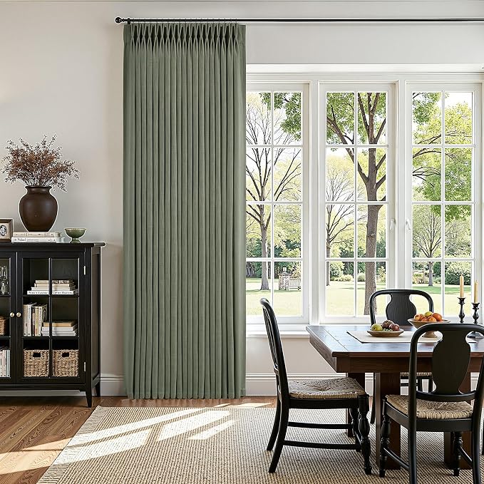 Sage Green Pinch Pleated Linen Curtains 102 Inches Long for Living Room Bedroom with Rings Hooks Clips Back Tab Semi Sheer Curtains Light Filtering Boho Farmhouse Drapes Light Green