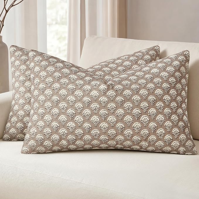 MIULEE Set of 2 Decorative Floral Lumbar Pillow Covers Neutral Vintage Throw Pillows Block Print Boho Farmhouse Cushion Covers for Modern Home Decor Couch Sofa Bed Living Room, 12x20 Inch, Light Taupe