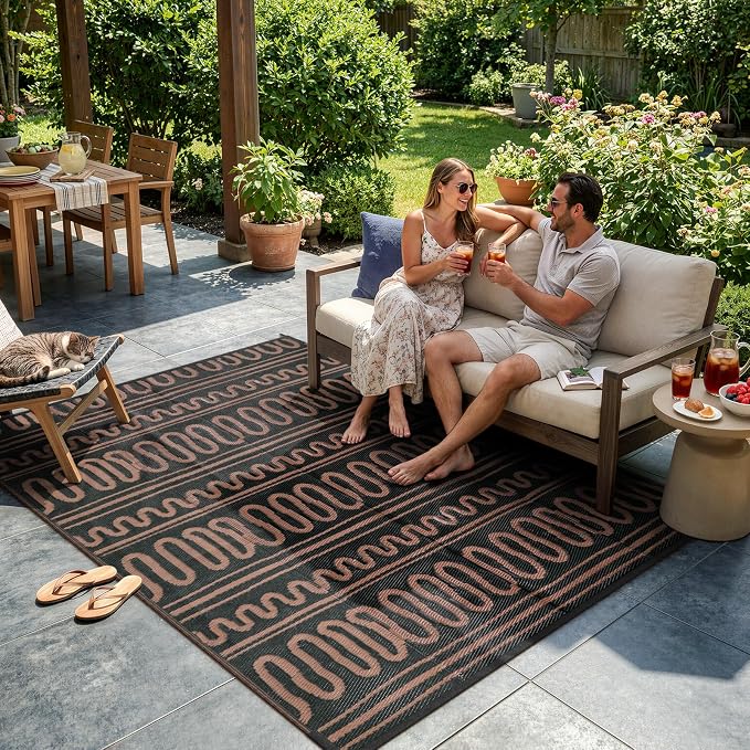 Beeiva Waterproof Outdoor Rug 6x9 for RV Camping, Reversible Outdoor Mat for Porch, Balcony, Picnic, Plastic Straw Rug Black Brown