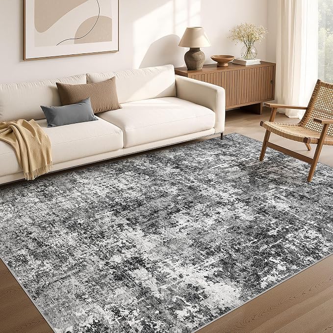 cotiled Washable Area Rug 6x9, Non-Slip Soft Neutral Rug for Living Room | Modern Abstract Carpet, Stain Resistant and Kid & Pet Friendly, Ideal For Bedroom, Dining Room, Nursery, Office - Blue/Gery
