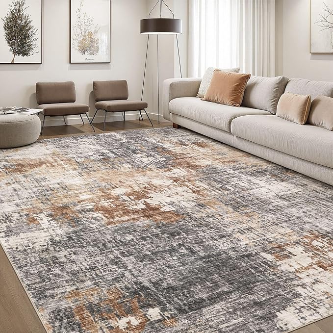 DMOYEST Area Rug Living Room Rugs - 9x12 Washable Large Soft Indoor Neutral Modern Abstract Low Pile Rug Carpet for Bedroom Dining Room Farmhouse Home Office - Grey Brown
