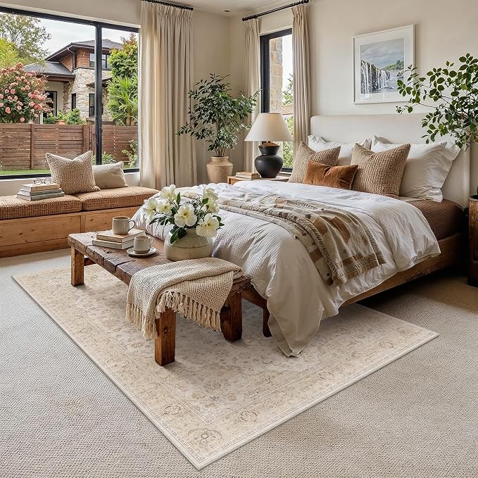 PureCozy 5x7 Area Rug Washable Neutral Beige Brown Vintage Floral | Non Slip, Soft Low Pile, Indoor Carpet for Bedroom, Living Room, Dining Room, Farmhouse Decor