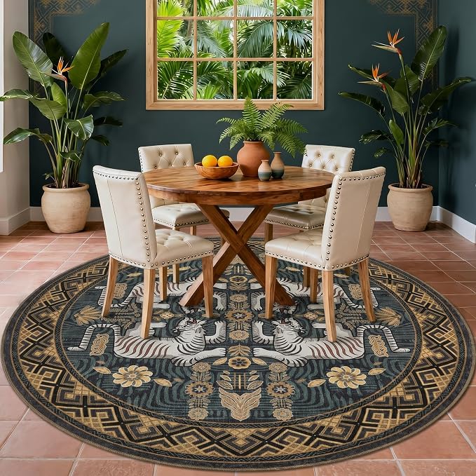 GarveeHome Tiger Round Area Rugs for Bedroom, 5ft Boho Blue Animal Print Circle Rugs Non Slip, Washable Vintage Tribal Floor Carpet for Dining Room Entryway Nursery Playroom Office