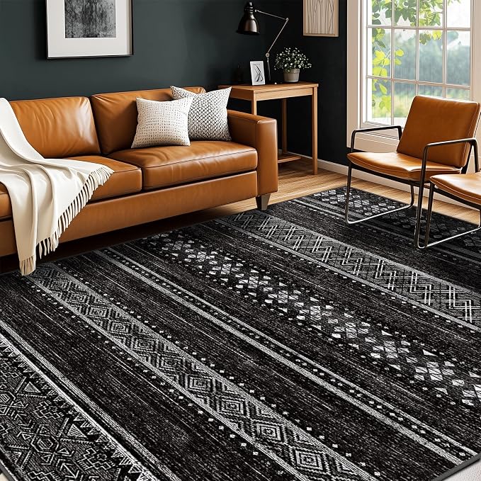 BESTSWEETIE 9x12 Area Rugs for Living Room Washable Moroccan Farmhouse Neutral Geometric Low Pile Non-Slip Soft Print Pattern Rug for Bedroom Kitchen Dining Room Entryway Black/White