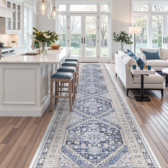 zesthome 3x20 Washable Runner Rug for Hallway, Non-Slip Long Hallway Runner for Entryway, Soft Vintage Kitchen Mats for Floor, Abstract Dining Room, Bedroom, Living Room Rugs(Blue/Beige,3'x20')