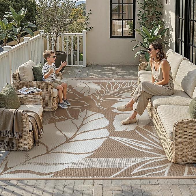 HUGEAR 8'x10' Outdoor Rug Waterproof Plastic Straw Rugs Large Brown Reversible Olive Leaf Mat Floor Carpet for Camping RV Deck Entryance Porch Picnic Balcony Beach Backyard