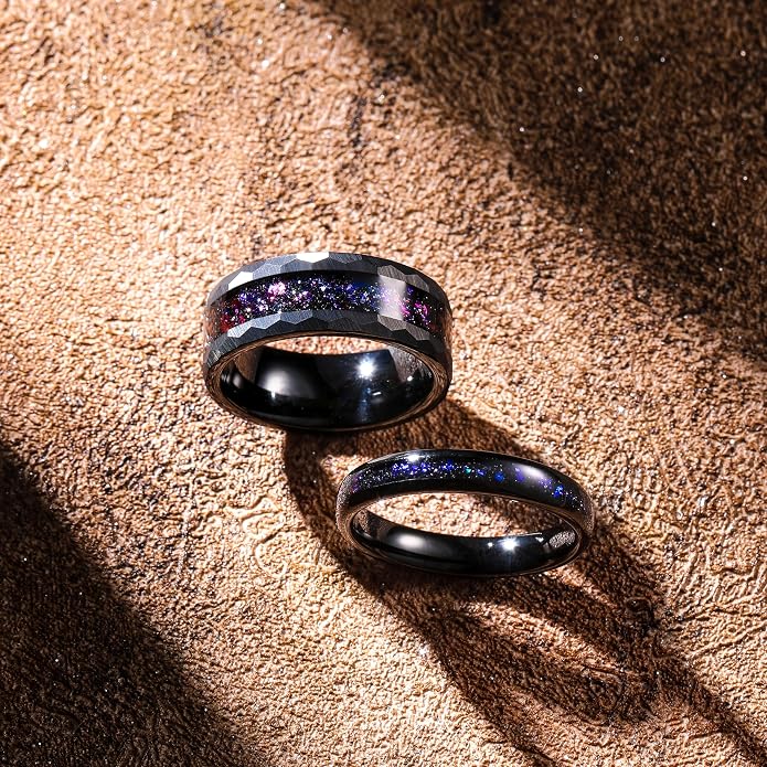 THREE KEYS JEWELRY 4mm 8mm Black Tungsten Wedding Band for Men Women, Blue Green Sandstone & Purple Galaxy Inlay, Domed Polished Comfort Fit Anniversary Engagement Ring