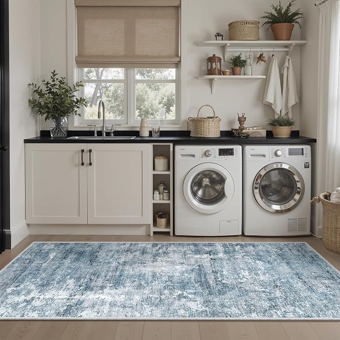 Soalmost Runner Rug 2'x6' Abstract Washable Non-Slip Runner Rugs for Kitchen Bathroom Laundry Room Blue Vintage Floor Carpet Runners for Hallway Entryway