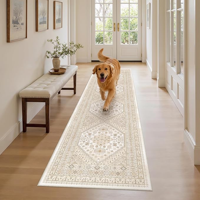 zesthome Rug Runners for Hallways Non Slip - 2x8 Runner Rug for Bedroom, Washable Runner with Rubber Backing, Soft Low-Pile Carpet for Kitchen, Laundry, Bathroom (Cream/Beige,2'x8')
