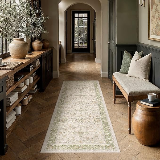 2x6 Sage Green Washable Runner Rug Non Slip Vintage Carpet | Soft Low Pile, Lightweight Foldable, Pet Friendly, Hallway, Kitchen, Bathroom, Front Door, Beside Bed