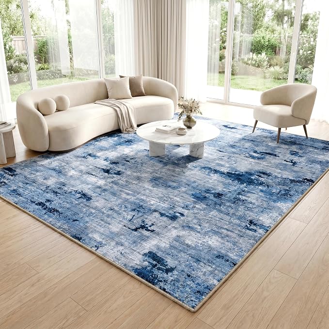 Washable Area Rug, Low Pile, Pet & Kid Friendly, 6'x9', Navy Blue | Water & Stain Resistant, Non-Slip Silicone Backing, 100% Cotton-Backed, Foldable, Modern Urban Luxury, For Living Room