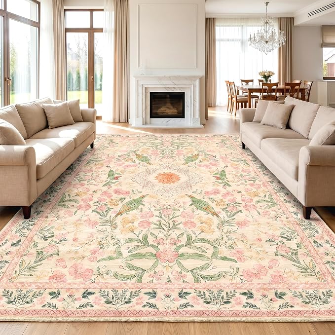 Washable Floral Bird Area Rug, 0.3" Low Pile Non-Slip Rug, Cotton-Backed Silicone Grip, Water Resistant Faux Wool Carpet for Nursery Bedroom Living Room, 9'x12', Cream/Pink/Sage